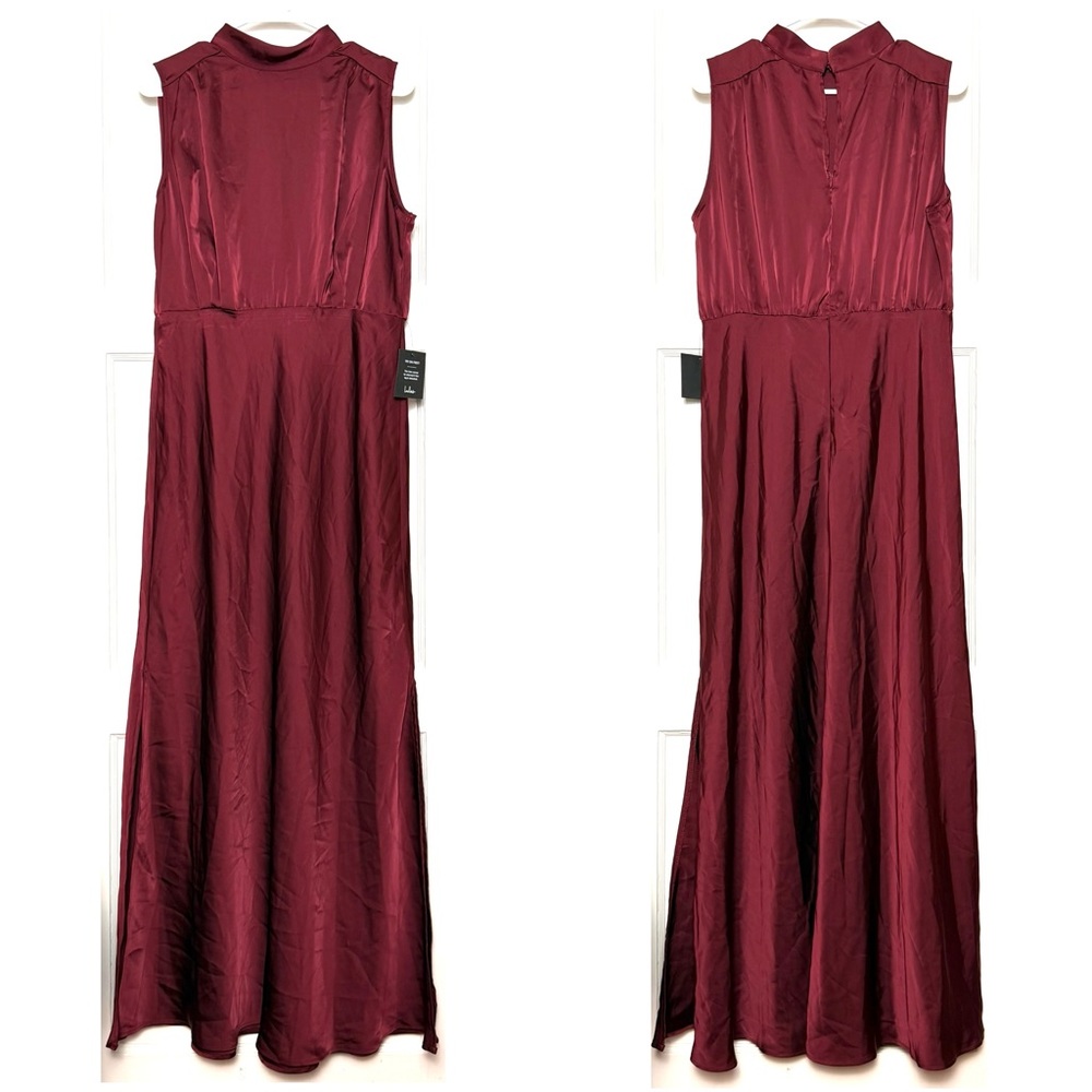 NWT LULUS Burgundy Satin Mockneck Sleeveless Formal Wedding Guest Maxi Gown XL - Picture 5 of 9